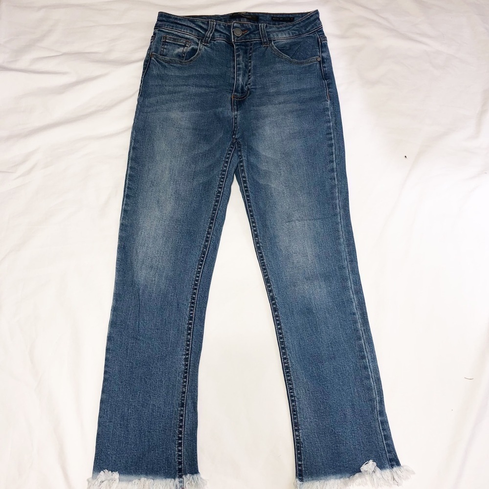 Black Label Size 5 28 Jeans Blue High Rise Raw Hem Stretch Straight Tiny Flaw